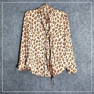 Ann Taylor Tunic XS Cheetah Scarf Neck Button Long Sleeve Satin Mob Wife